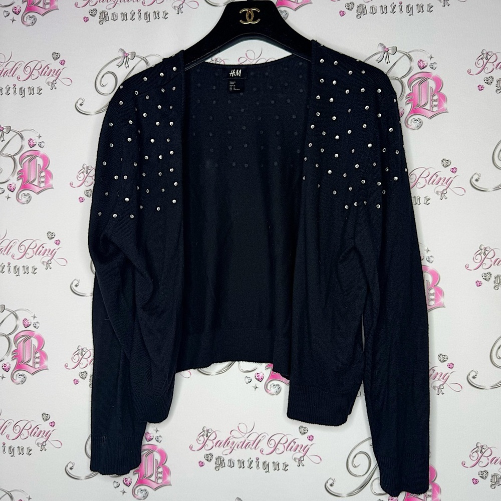 H&M cardigan bling rhinestone diamond crystals silver black open waterfall cute